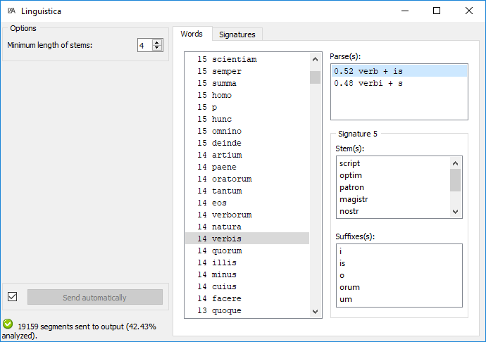 Interface of the Linguistica widget (Words)