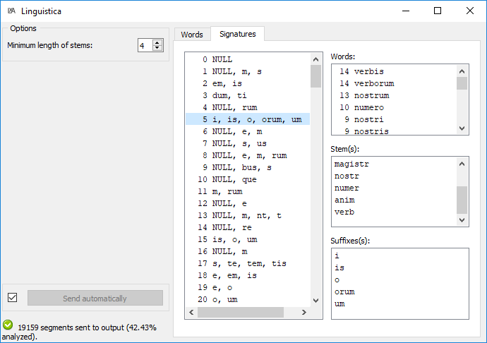 Interface of the Linguistica widget (Signatures)
