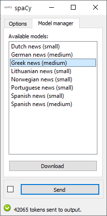 Interface of the spaCy widget, Model manager tab